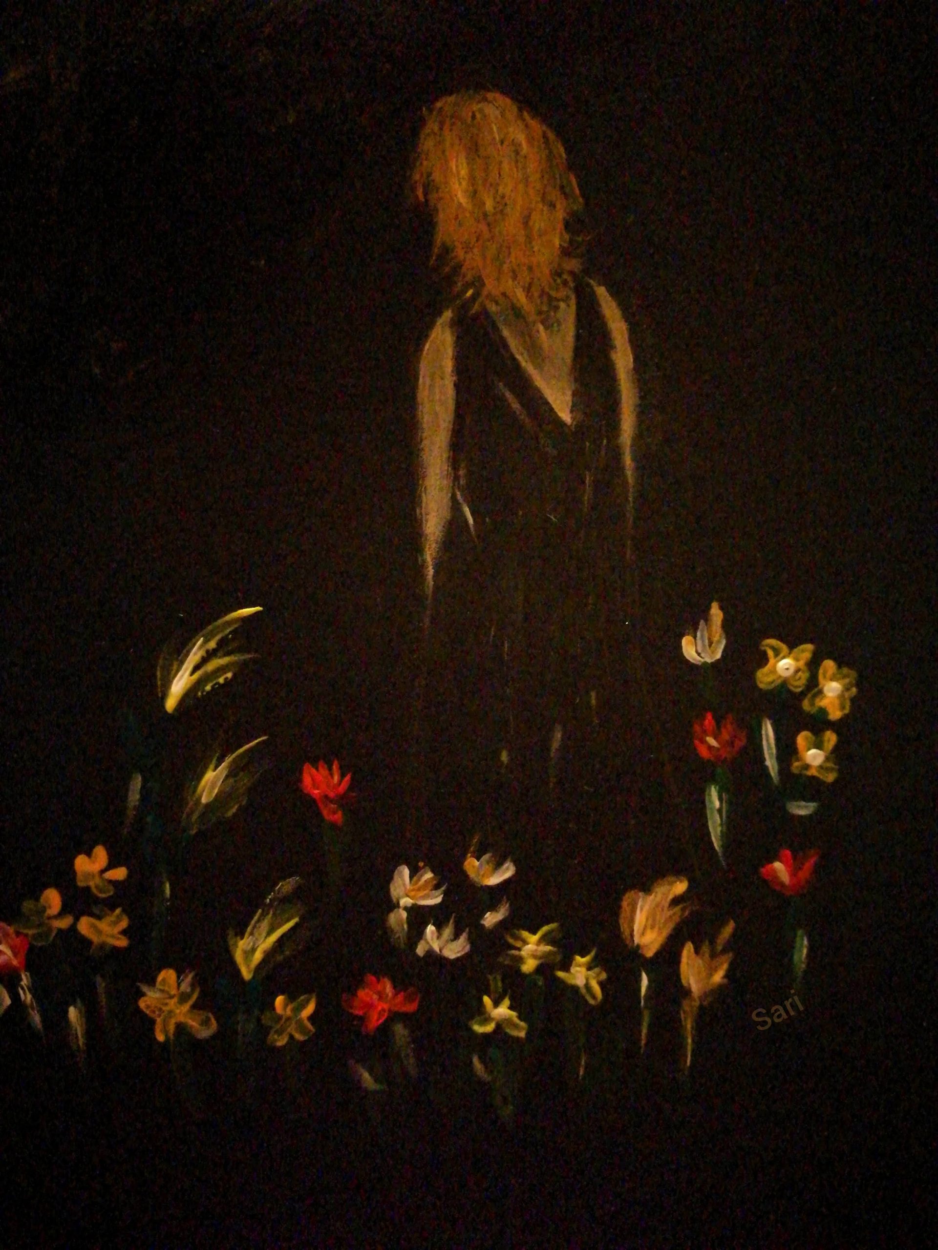 Piirroskuva mustalla taustalla, nainen niityllä